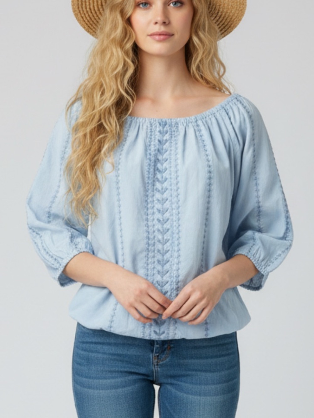SOHO JEANS Blue Smocked Puff Sleeve Blouse